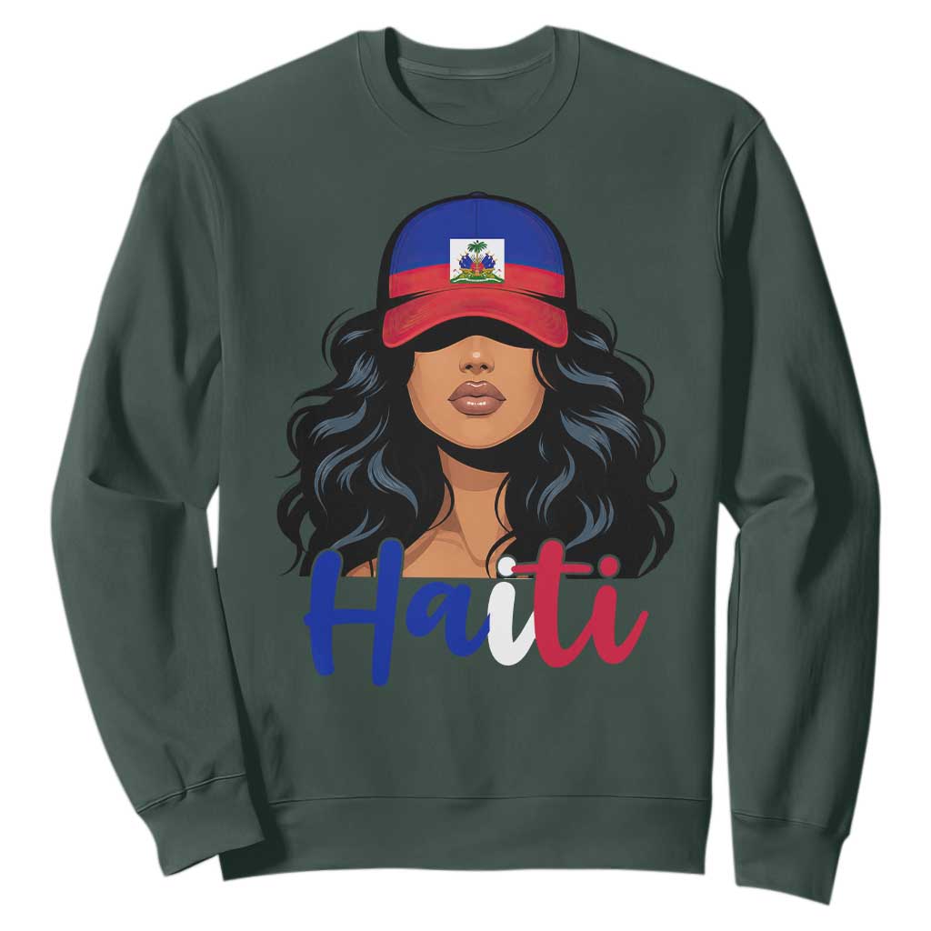 Beautiful Haitian Girl in Flag Baseball Cap Sweatshirt Haiti Heritage Pride TS02 Dark Forest Green Print Your Wear