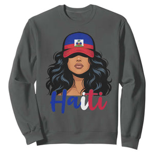 Beautiful Haitian Girl in Flag Baseball Cap Sweatshirt Haiti Heritage Pride TS02 Dark Heather Print Your Wear