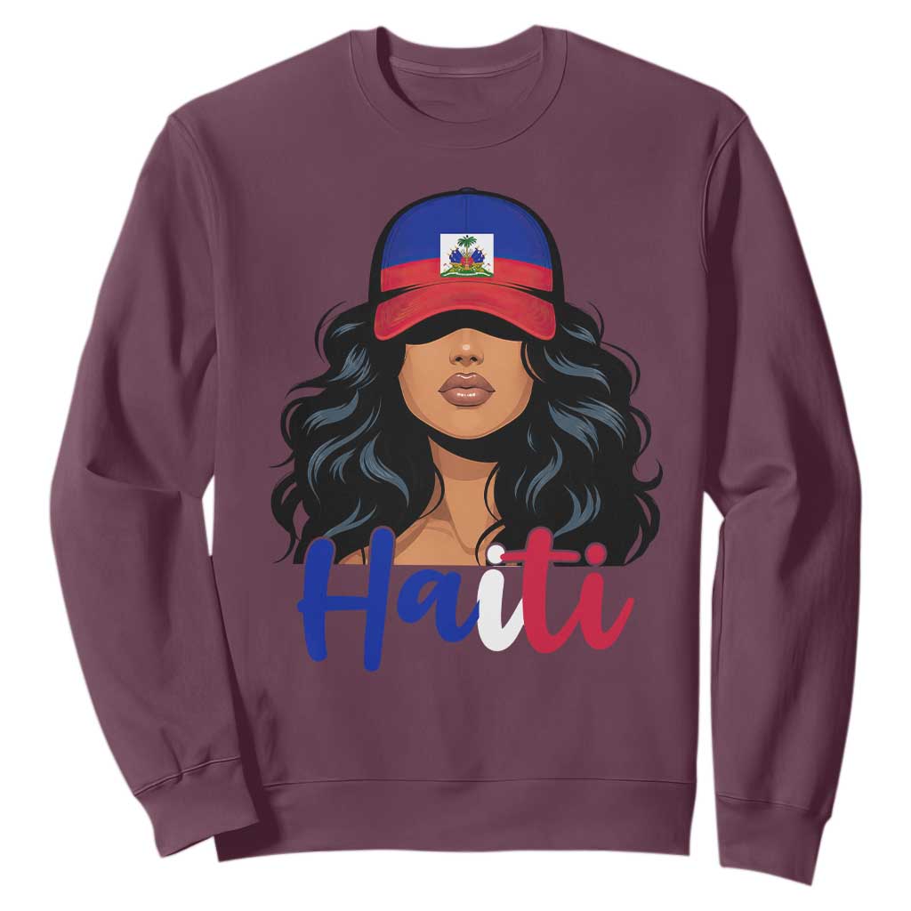 Beautiful Haitian Girl in Flag Baseball Cap Sweatshirt Haiti Heritage Pride TS02 Maroon Print Your Wear