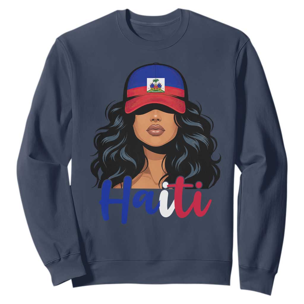 Beautiful Haitian Girl in Flag Baseball Cap Sweatshirt Haiti Heritage Pride TS02 Navy Print Your Wear
