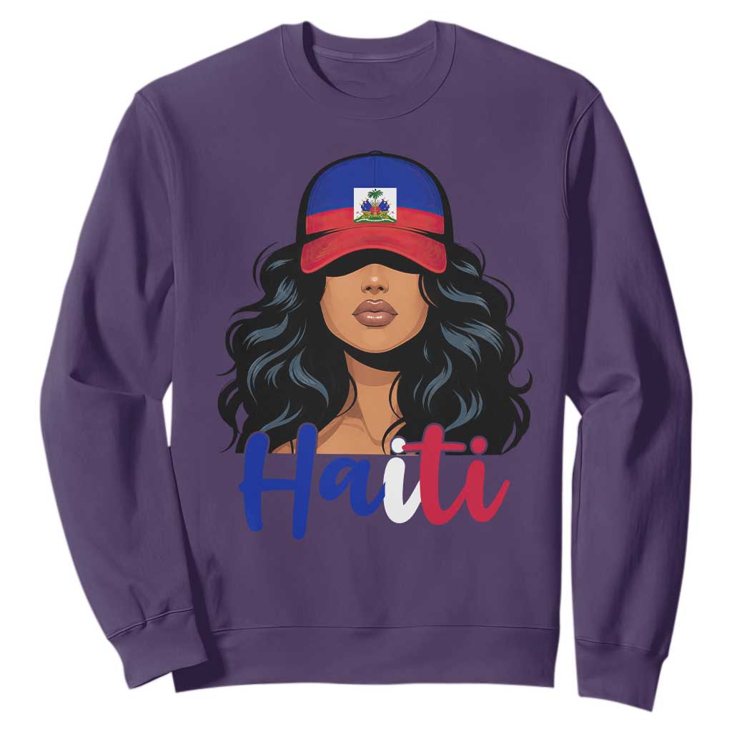 Beautiful Haitian Girl in Flag Baseball Cap Sweatshirt Haiti Heritage Pride TS02 Purple Print Your Wear