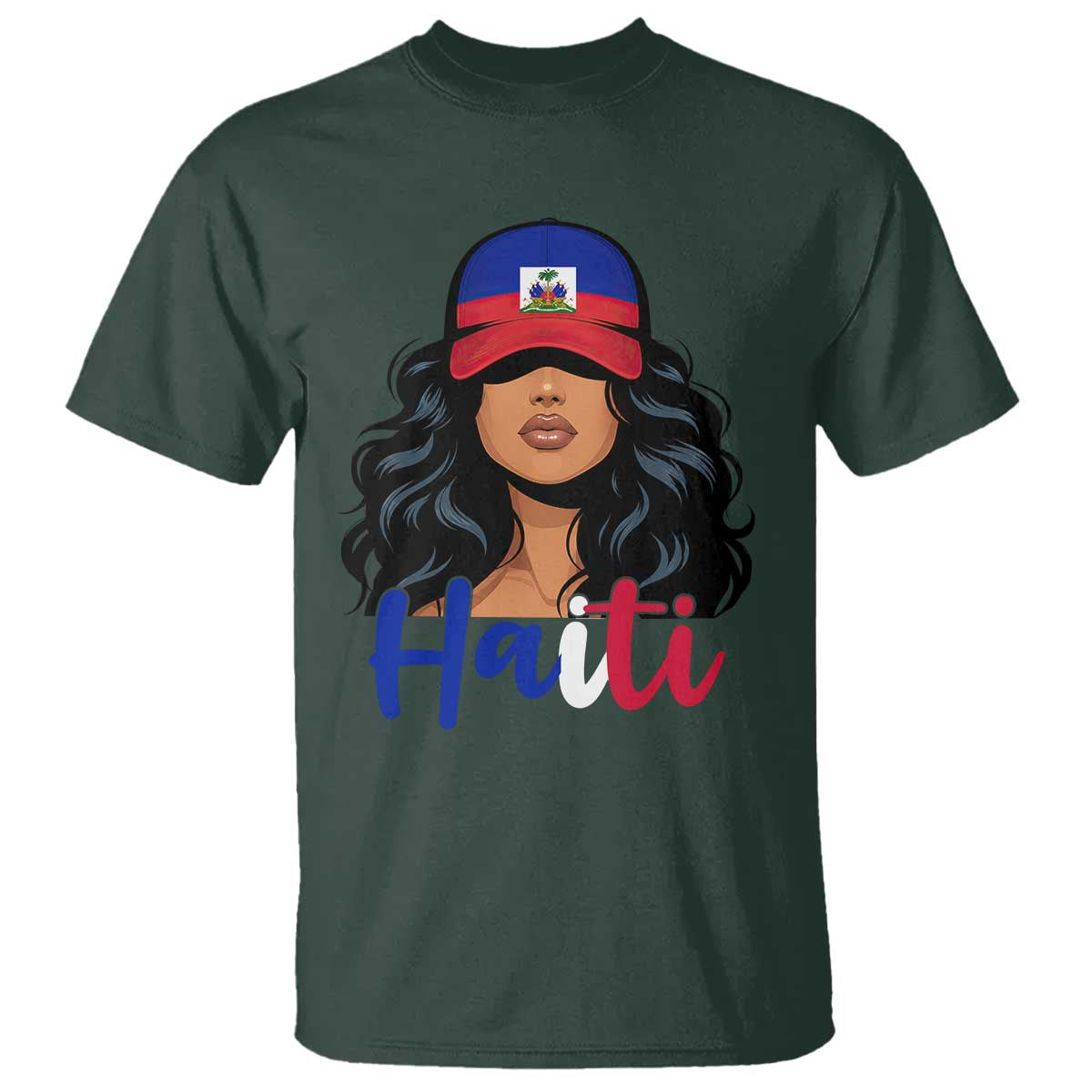 Beautiful Haitian Girl in Flag Baseball Cap T Shirt Haiti Heritage Pride TS02 Dark Forest Green Print Your Wear