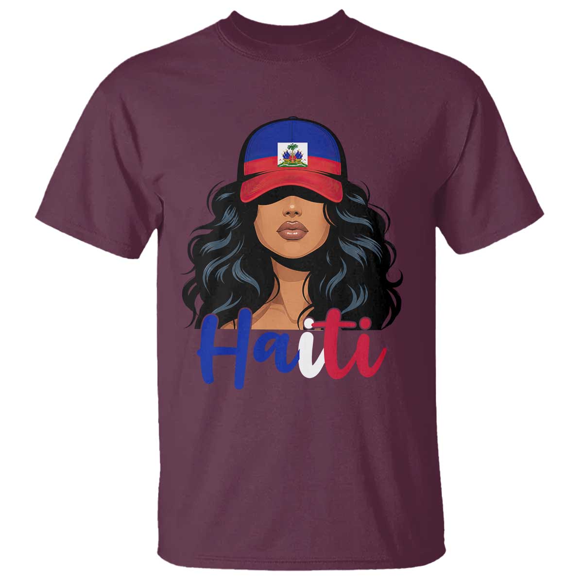 Beautiful Haitian Girl in Flag Baseball Cap T Shirt Haiti Heritage Pride TS02 Maroon Print Your Wear