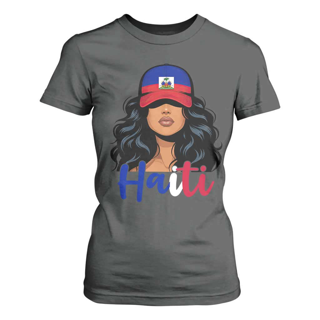 Beautiful Haitian Girl in Flag Baseball Cap T Shirt For Women Haiti Heritage Pride TS02 Dark Heather Print Your Wear