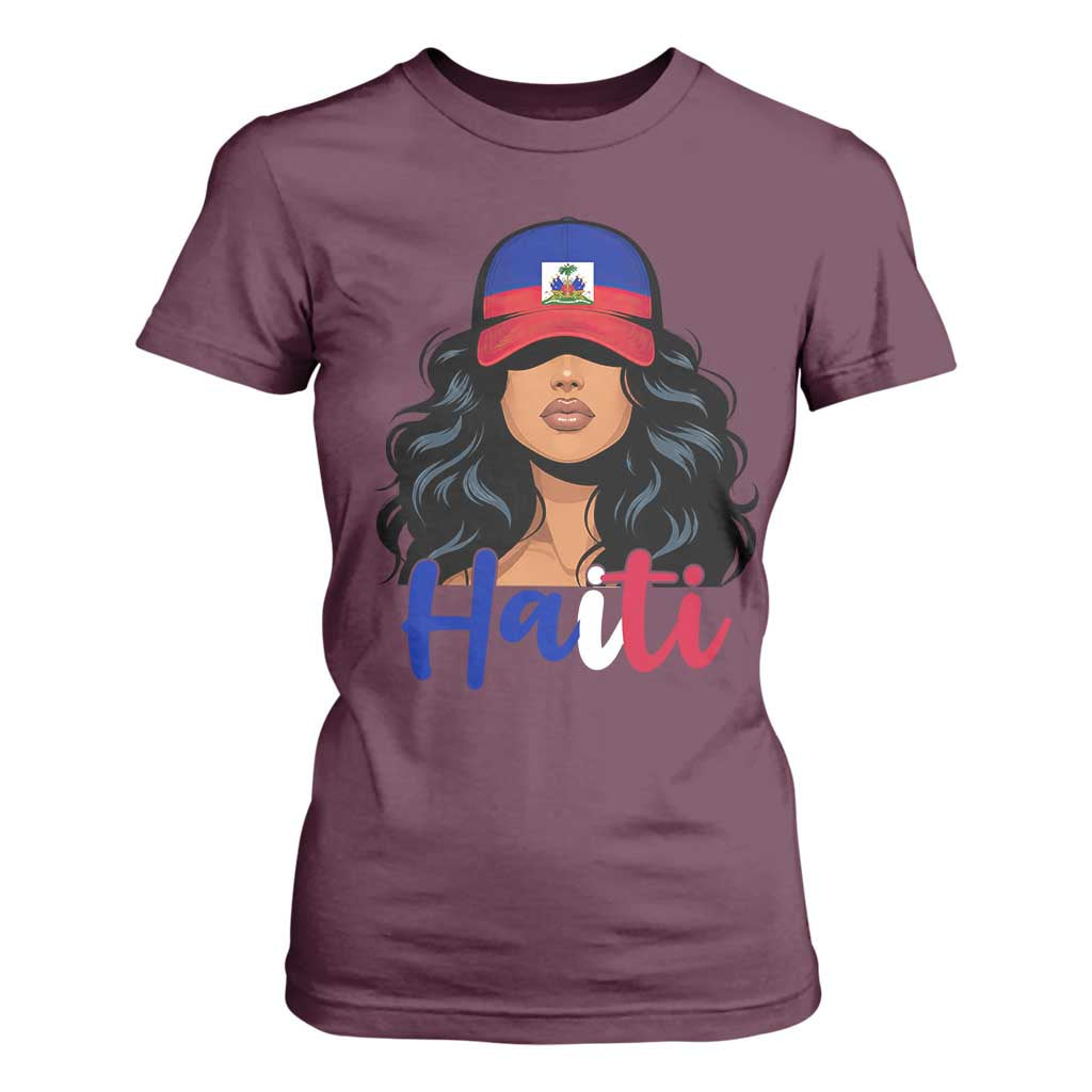 Beautiful Haitian Girl in Flag Baseball Cap T Shirt For Women Haiti Heritage Pride TS02 Maroon Print Your Wear