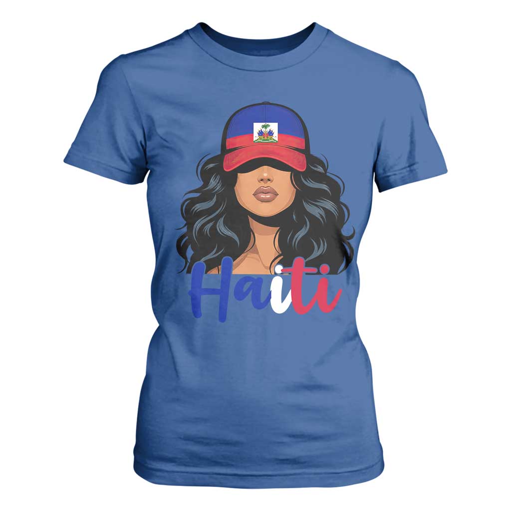 Beautiful Haitian Girl in Flag Baseball Cap T Shirt For Women Haiti Heritage Pride TS02 Royal Blue Print Your Wear