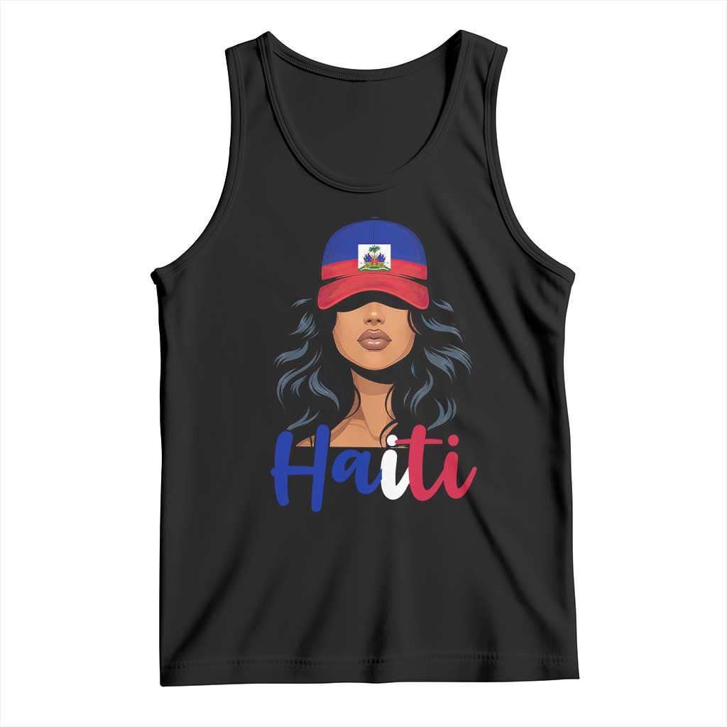 Beautiful Haitian Girl in Flag Baseball Cap Tank Top Haiti Heritage Pride TS02 Black Print Your Wear