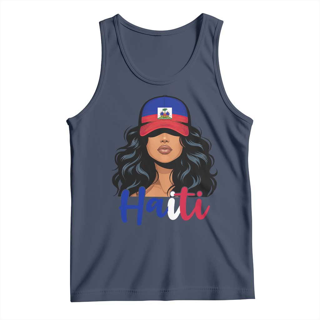 Beautiful Haitian Girl in Flag Baseball Cap Tank Top Haiti Heritage Pride TS02 Navy Print Your Wear