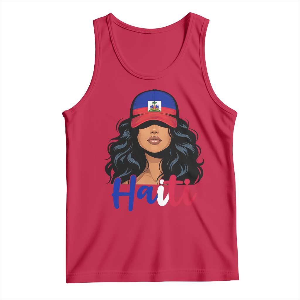 Beautiful Haitian Girl in Flag Baseball Cap Tank Top Haiti Heritage Pride TS02 Red Print Your Wear