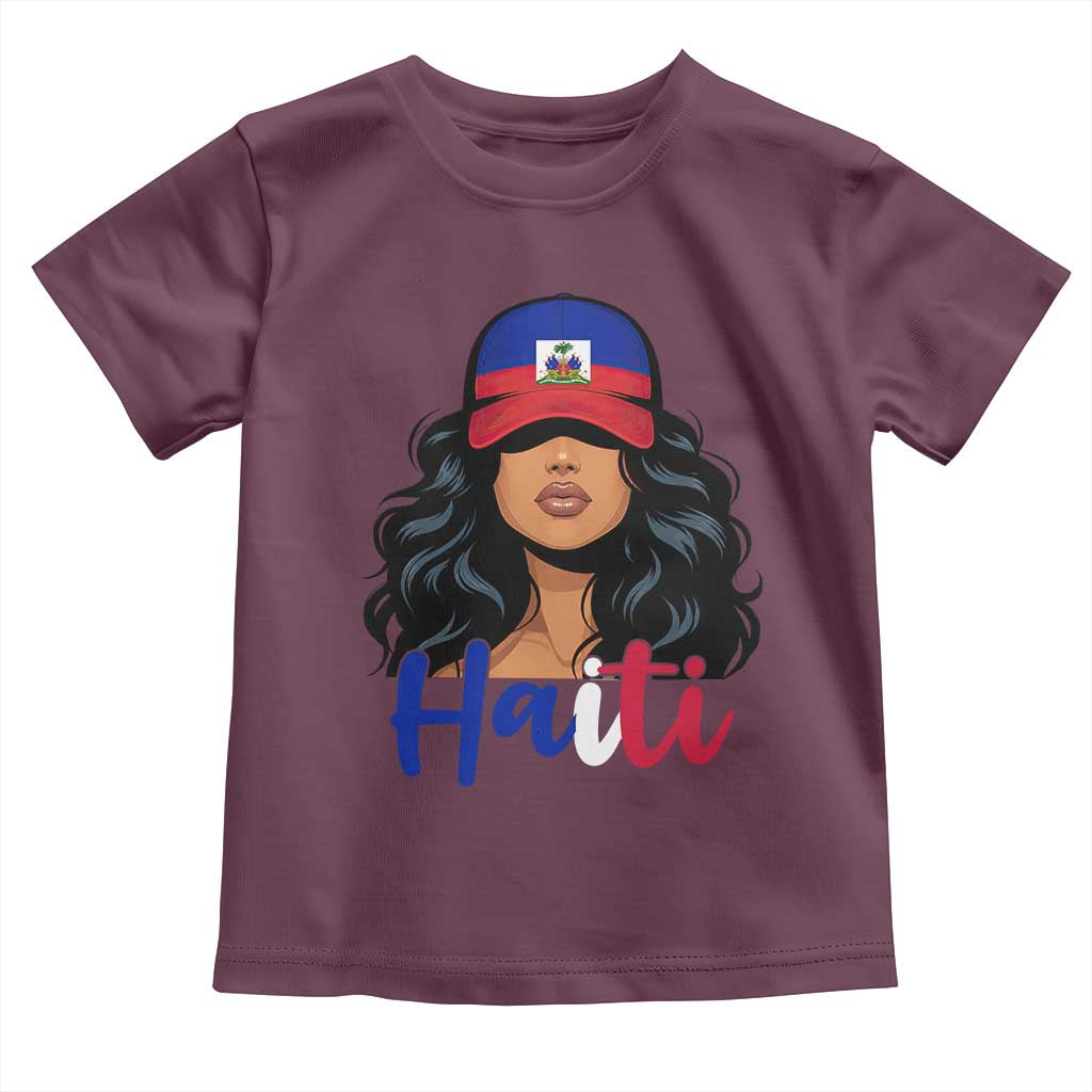 Beautiful Haitian Girl in Flag Baseball Cap Toddler T Shirt Haiti Heritage Pride TS02 Maroon Print Your Wear