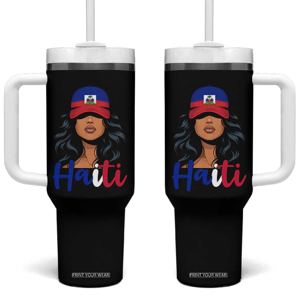 Beautiful Haitian Girl in Flag Baseball Cap Tumbler With Handle Haiti Heritage Pride TS02 One Size: 40 oz Black Print Your Wear