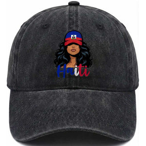 Beautiful Haitian Girl in Flag Baseball Cap Washed Cotton Baseball Cap Haiti Heritage Pride TS02 Print Your Wear