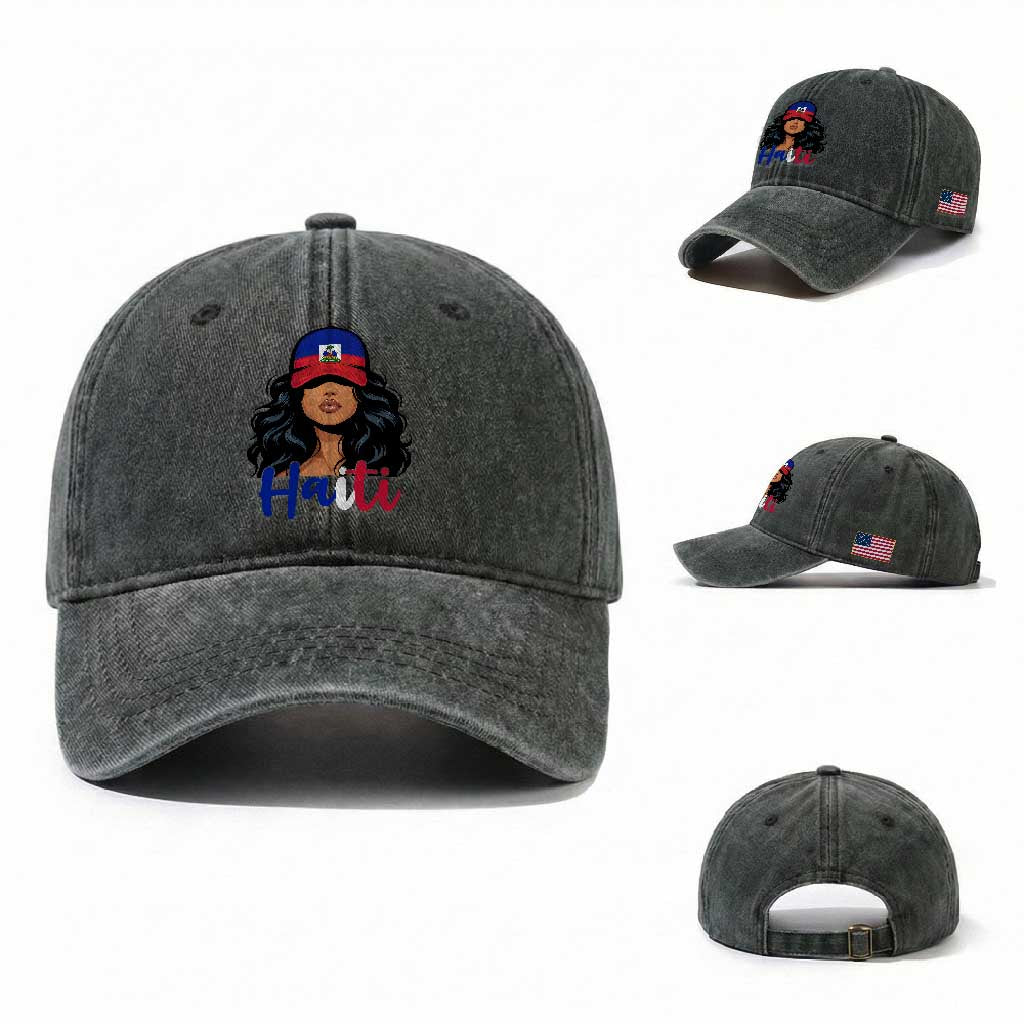 Beautiful Haitian Girl in Flag Baseball Cap Washed Cotton Baseball Cap Haiti Heritage Pride TS02 Washed Cap Universal Fit Dark Green Print Your Wear