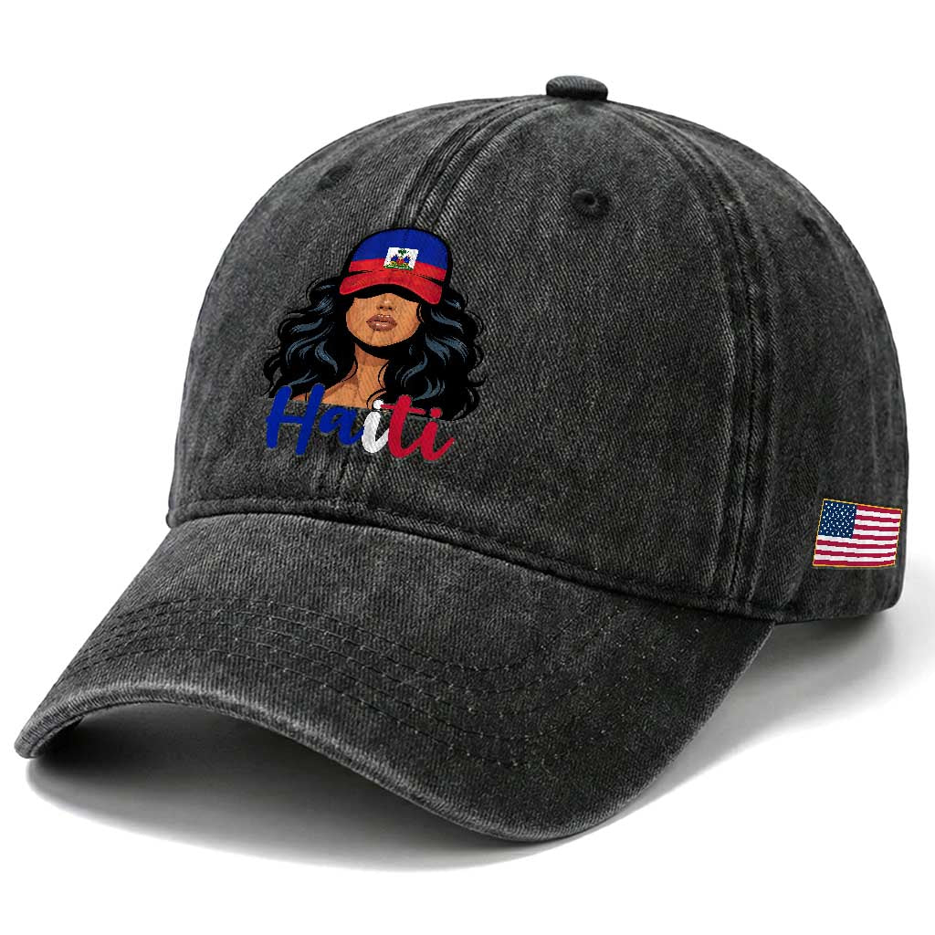 Beautiful Haitian Girl in Flag Baseball Cap Washed Cotton Baseball Cap Haiti Heritage Pride TS02 Print Your Wear
