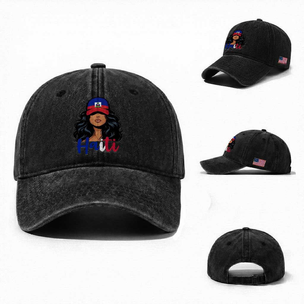 Beautiful Haitian Girl in Flag Baseball Cap Washed Cotton Baseball Cap Haiti Heritage Pride TS02 Washed Cap Universal Fit Black Print Your Wear