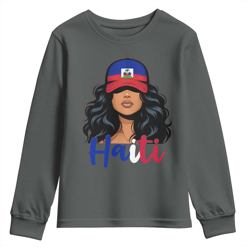 Beautiful Haitian Girl in Flag Baseball Cap Youth Sweatshirt Haiti Heritage Pride TS02 Dark Heather Print Your Wear