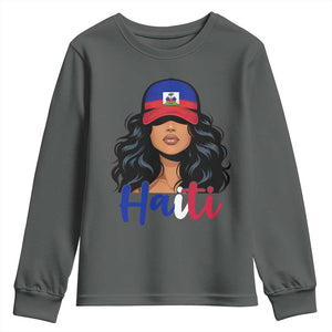Beautiful Haitian Girl in Flag Baseball Cap Youth Sweatshirt Haiti Heritage Pride TS02 Dark Heather Print Your Wear