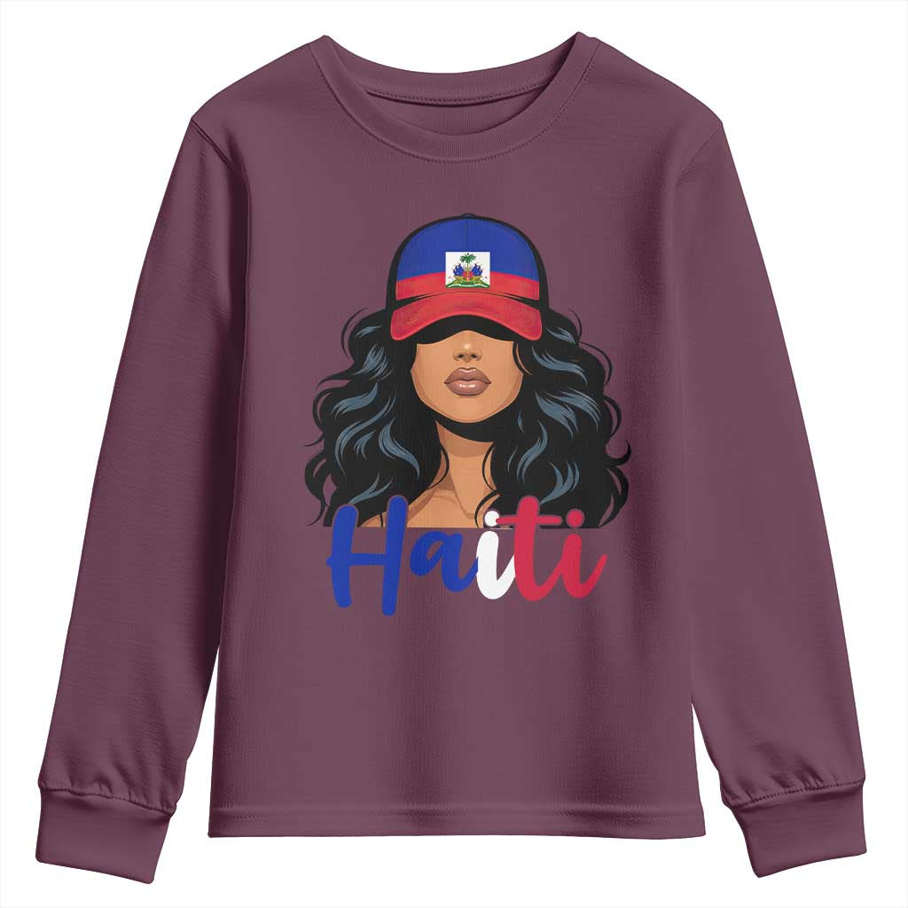 Beautiful Haitian Girl in Flag Baseball Cap Youth Sweatshirt Haiti Heritage Pride TS02 Maroon Print Your Wear