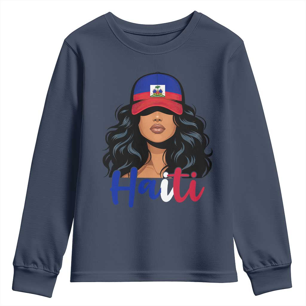Beautiful Haitian Girl in Flag Baseball Cap Youth Sweatshirt Haiti Heritage Pride TS02 Navy Print Your Wear