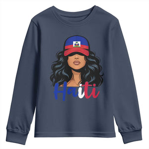 Beautiful Haitian Girl in Flag Baseball Cap Youth Sweatshirt Haiti Heritage Pride TS02 Navy Print Your Wear