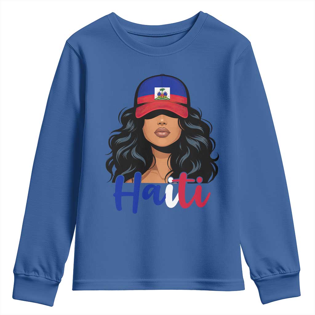 Beautiful Haitian Girl in Flag Baseball Cap Youth Sweatshirt Haiti Heritage Pride TS02 Royal Blue Print Your Wear