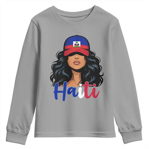 Beautiful Haitian Girl in Flag Baseball Cap Youth Sweatshirt Haiti Heritage Pride TS02 Sport Gray Print Your Wear