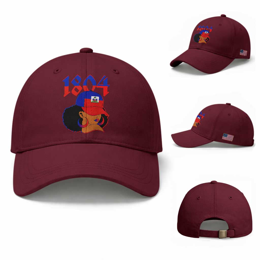 Haiti 1804 Curly Afro Queen Hoop Earrings Style Graphic Baseball Cap Haitian Heritage Pride TS02 Baseball Cap Universal Fit Maroon Print Your Wear