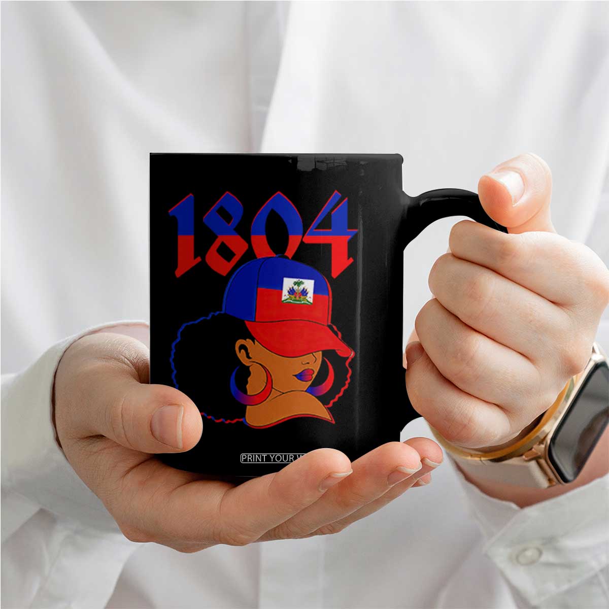 Haiti 1804 Curly Afro Queen Hoop Earrings Style Graphic Coffee Mug Haitian Heritage Pride TS02 Print Your Wear