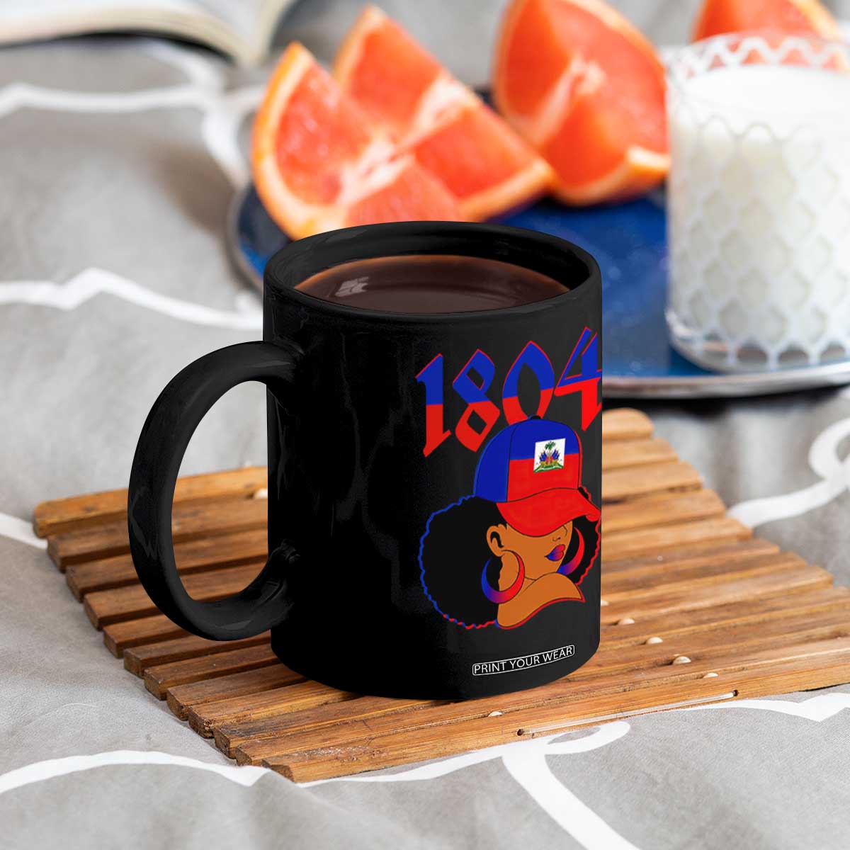 Haiti 1804 Curly Afro Queen Hoop Earrings Style Graphic Coffee Mug Haitian Heritage Pride TS02 Print Your Wear