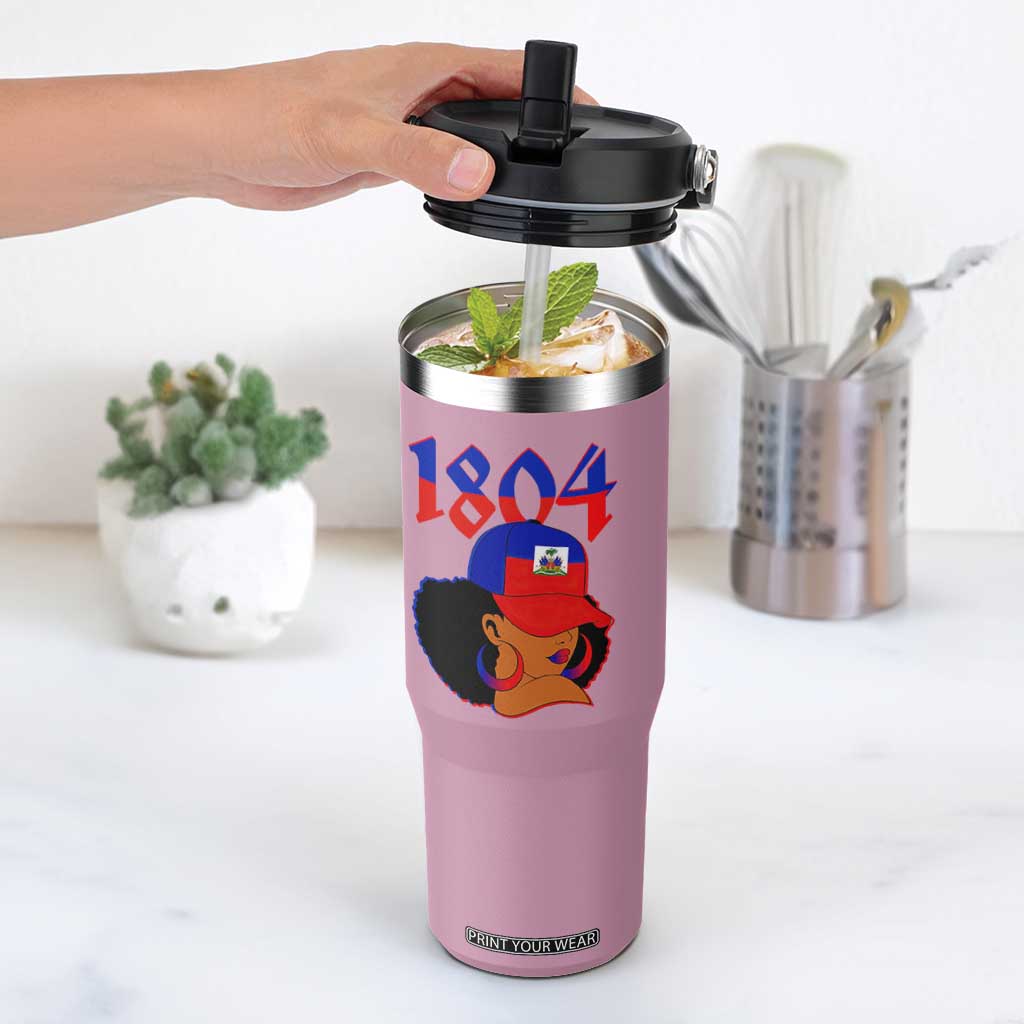 Haiti 1804 Curly Afro Queen Hoop Earrings Style Graphic Flip Straw Tumbler Haitian Heritage Pride TS02 One Size: 30 oz Light Pink Print Your Wear