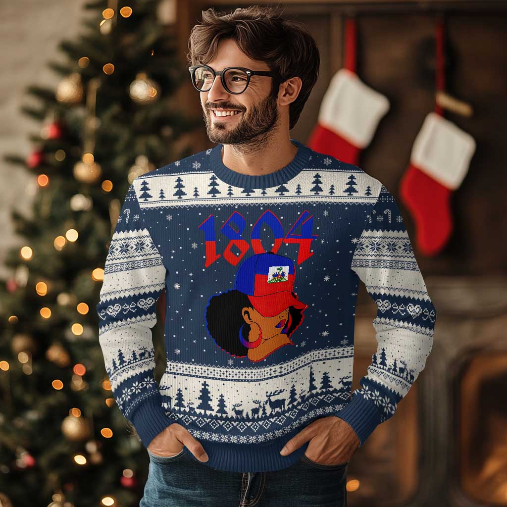 Haiti 1804 Curly Afro Queen Hoop Earrings Style Graphic Ugly Christmas Sweater Haitian Heritage Pride TS02 Navy Beige Print Your Wear
