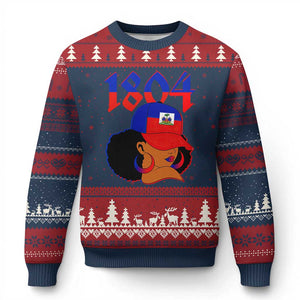 Haiti 1804 Curly Afro Queen Hoop Earrings Style Graphic Ugly Christmas Sweater Haitian Heritage Pride TS02 Navy Red Print Your Wear