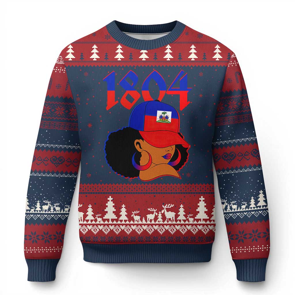 Haiti 1804 Curly Afro Queen Hoop Earrings Style Graphic Ugly Christmas Sweater Haitian Heritage Pride TS02 Navy Red Print Your Wear