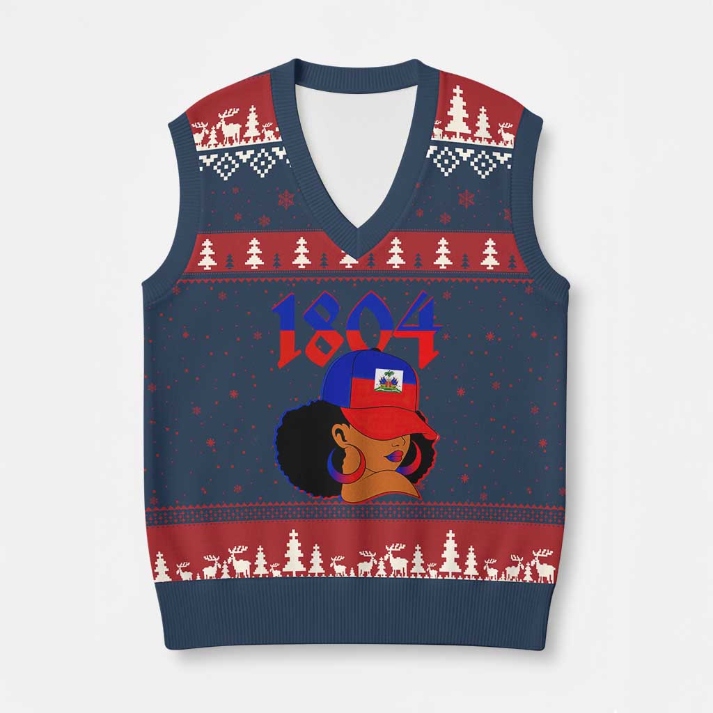 Haiti 1804 Curly Afro Queen Hoop Earrings Style Graphic V-Neck Knit Sweater Vest Haitian Heritage Pride TS02 Navy Red Print Your Wear