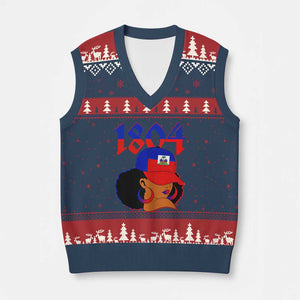 Haiti 1804 Curly Afro Queen Hoop Earrings Style Graphic V-Neck Knit Sweater Vest Haitian Heritage Pride TS02 Navy Red Print Your Wear