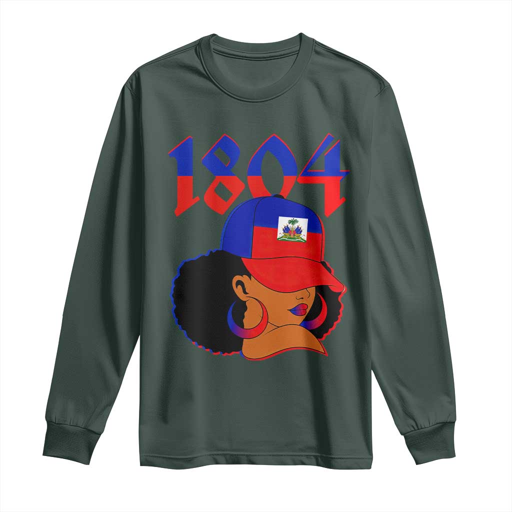 Haiti 1804 Curly Afro Queen Hoop Earrings Style Graphic Long Sleeve Shirt Haitian Heritage Pride TS02 Dark Forest Green Print Your Wear