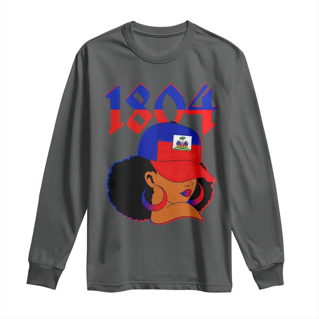 Haiti 1804 Curly Afro Queen Hoop Earrings Style Graphic Long Sleeve Shirt Haitian Heritage Pride TS02 Dark Heather Print Your Wear