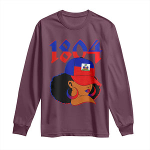 Haiti 1804 Curly Afro Queen Hoop Earrings Style Graphic Long Sleeve Shirt Haitian Heritage Pride TS02 Maroon Print Your Wear