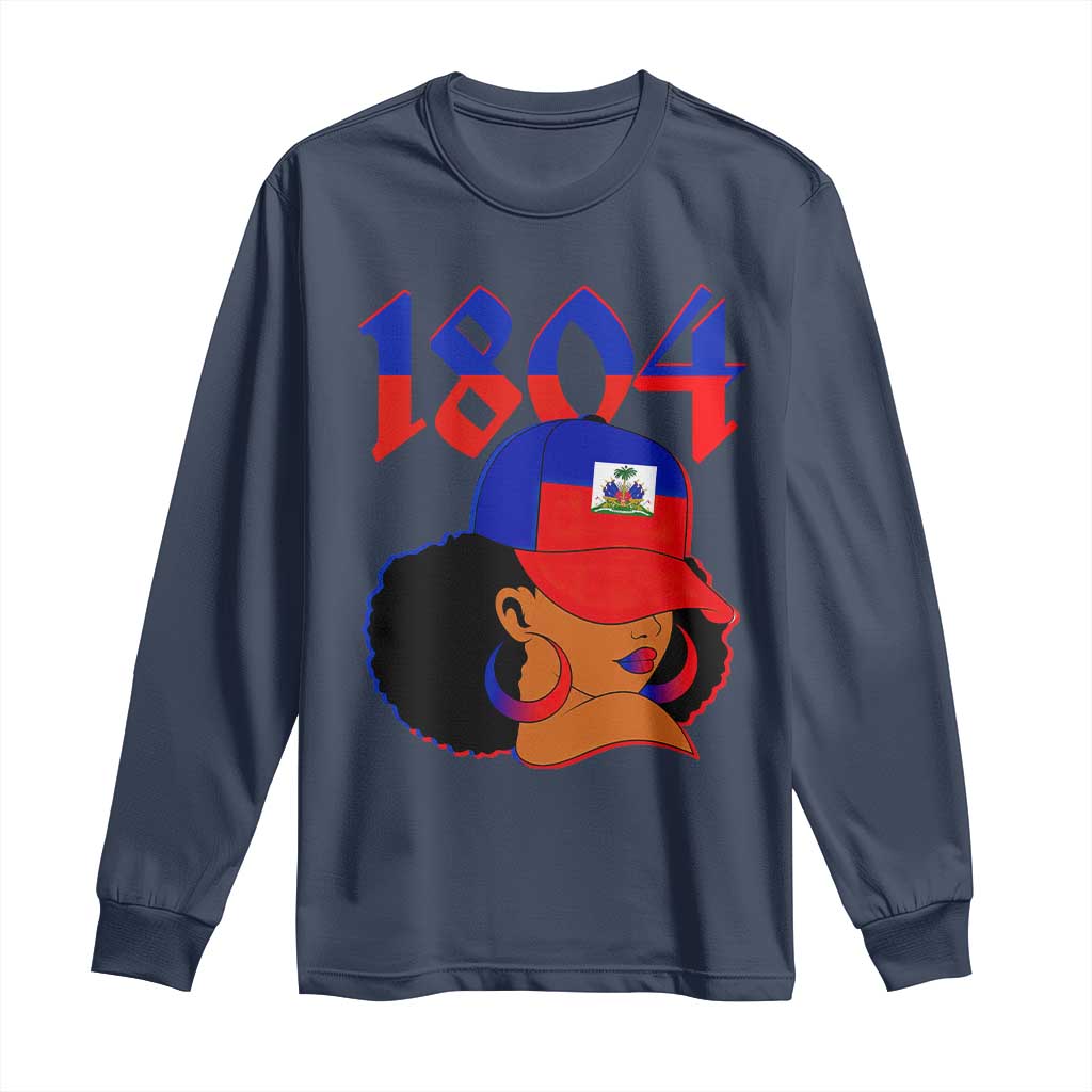 Haiti 1804 Curly Afro Queen Hoop Earrings Style Graphic Long Sleeve Shirt Haitian Heritage Pride TS02 Navy Print Your Wear