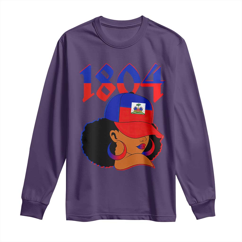 Haiti 1804 Curly Afro Queen Hoop Earrings Style Graphic Long Sleeve Shirt Haitian Heritage Pride TS02 Purple Print Your Wear