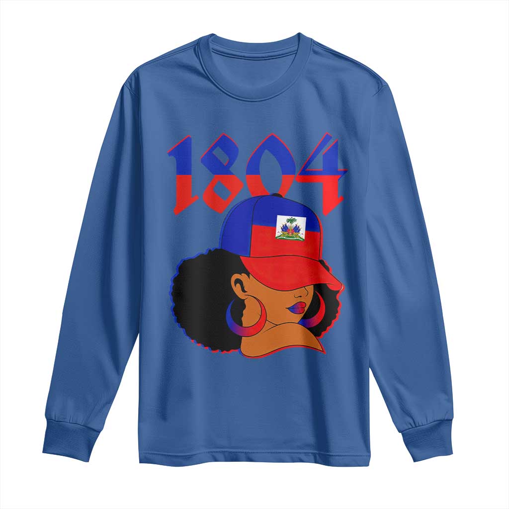 Haiti 1804 Curly Afro Queen Hoop Earrings Style Graphic Long Sleeve Shirt Haitian Heritage Pride TS02 Royal Blue Print Your Wear