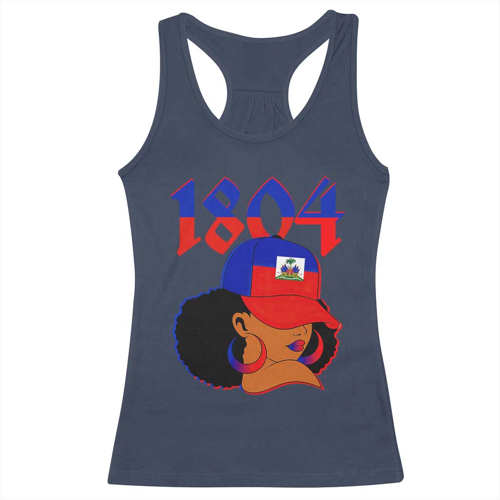 Haiti 1804 Curly Afro Queen Hoop Earrings Style Graphic Racerback Tank Top Haitian Heritage Pride TS02 Navy Print Your Wear