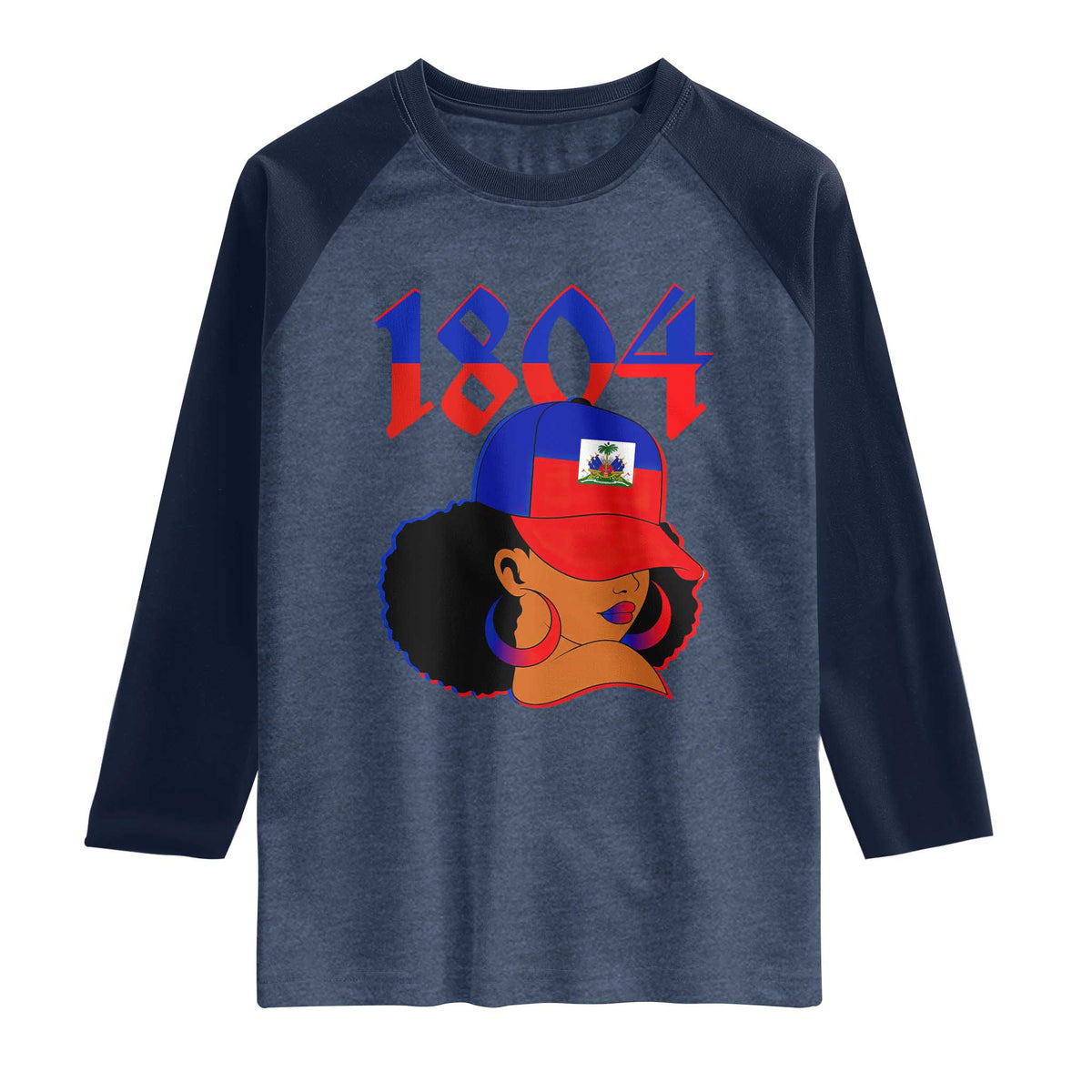 Haiti 1804 Curly Afro Queen Hoop Earrings Style Graphic Raglan Shirt Haitian Heritage Pride TS02 Heather Denim Navy Print Your Wear