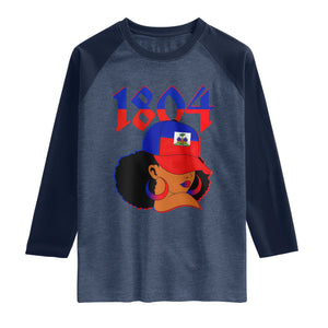 Haiti 1804 Curly Afro Queen Hoop Earrings Style Graphic Raglan Shirt Haitian Heritage Pride TS02 Heather Denim Navy Print Your Wear