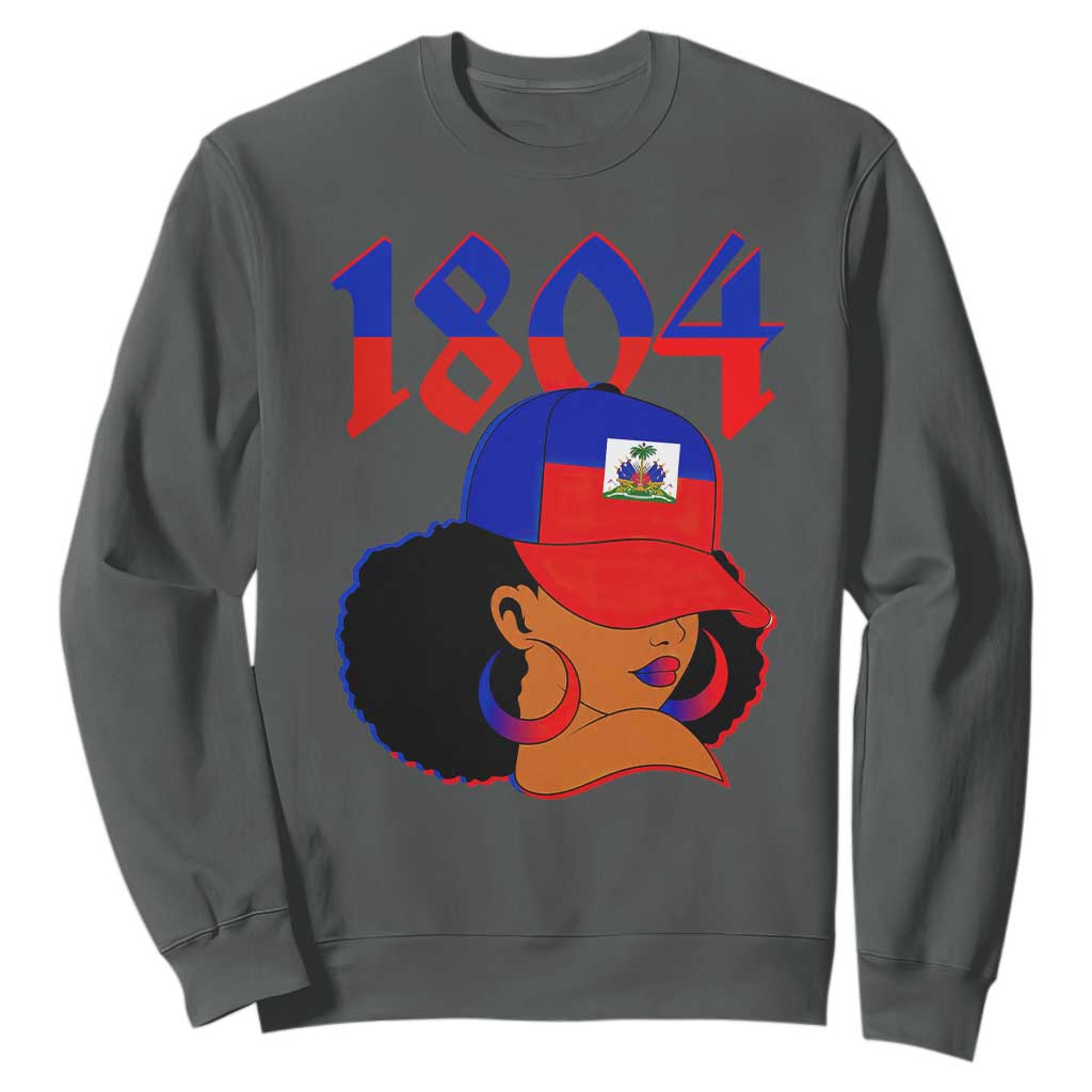 Haiti 1804 Curly Afro Queen Hoop Earrings Style Graphic Sweatshirt Haitian Heritage Pride TS02 Dark Heather Print Your Wear