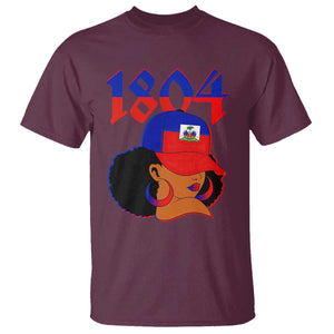 Haiti 1804 Curly Afro Queen Hoop Earrings Style Graphic T Shirt Haitian Heritage Pride TS02 Maroon Print Your Wear