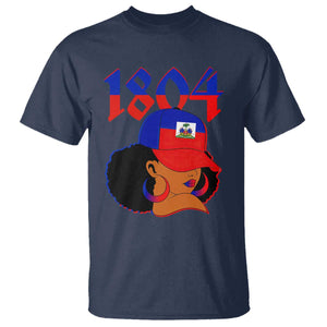 Haiti 1804 Curly Afro Queen Hoop Earrings Style Graphic T Shirt Haitian Heritage Pride TS02 Navy Print Your Wear