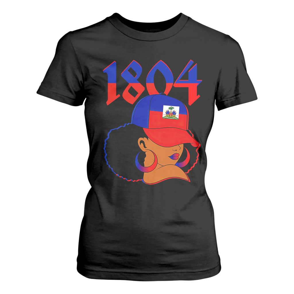 Haiti 1804 Curly Afro Queen Hoop Earrings Style Graphic T Shirt For Women Haitian Heritage Pride TS02 Black Print Your Wear