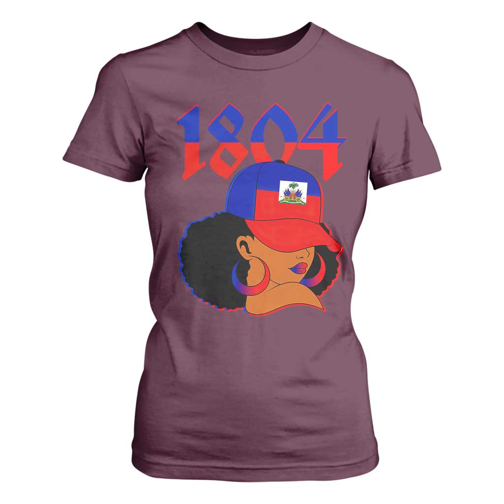 Haiti 1804 Curly Afro Queen Hoop Earrings Style Graphic T Shirt For Women Haitian Heritage Pride TS02 Maroon Print Your Wear