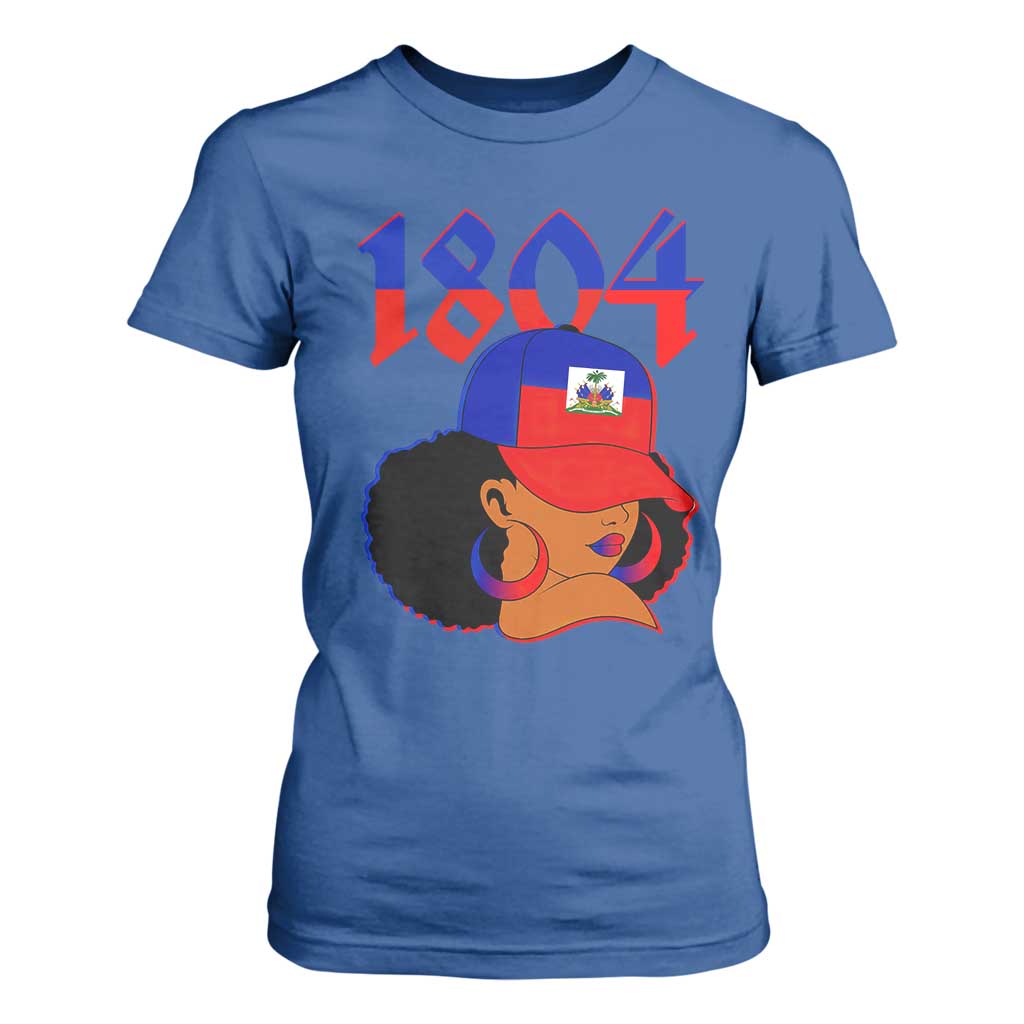 Haiti 1804 Curly Afro Queen Hoop Earrings Style Graphic T Shirt For Women Haitian Heritage Pride TS02 Royal Blue Print Your Wear